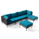2 pcs armless sofa + 2 pcs corner sofa + 2 pcs footstool iron legs black rattan peacock green cushions woven rattan multi-piece set