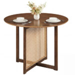 37.5" Round Dining Table for 2-4 People, Mid-Century Modern Kitchen Table with PE Rattan & Rubber Wood Legs