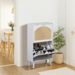 2 dump buckets with high-leg arched rattan shoe cabinet particle board + plastic rattan 54*24*98cm white frame + original wood rattan surface + white high-leg shoe cabinet - Image 2