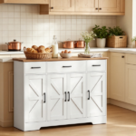 White 47" Farmhouse Buffet Cabinet, Soft-Close Hinges, 3 Drawers, Adjustable Shelves, Spice Racks Sideboard