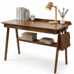 Solid Wood Writing Desk, Home Office Desk for Small Spaces, Mid Century Modern Desks with 2 Drawers & Storage Shelf, Standing Desk with Side Hooks for Study, Bedroom, Office (Walnut) - Image 2