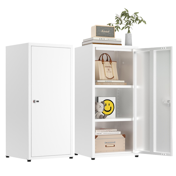 34.6"H Metal Locker Storage Cabinet with Lock, Small Lockable Employees Locker with Adjustable Shelf & Feet, Steel Single Door Lockable Cabinet for Home, School, Office, Gym (White)