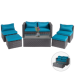 2pcs armless sofa + 2pcs footstool + 1pcs double sofa + 1pcs coffee table with storage black rattan and peacock green cushions, rattan multi-piece set - Image 2