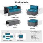 2pcs armless sofa + 2pcs footstool + 1pcs double sofa + 1pcs coffee table with storage black rattan and peacock green cushions, rattan multi-piece set - Image 5
