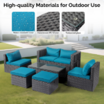 2pcs armless sofa + 2pcs footstool + 1pcs double sofa + 1pcs coffee table with storage black rattan and peacock green cushions, rattan multi-piece set - Image 7
