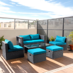 2pcs armless sofa + 2pcs footstool + 1pcs double sofa + 1pcs coffee table with storage black rattan and peacock green cushions, rattan multi-piece set - Image 8
