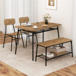 Brown+Black 4-Piece Dining Table Set with Bench & 2 Chairs, Space-Saving Tuck-under Design - Image 9