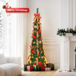 6 FT Fully Decorated Pre-lit Christmas Tree, Pop Up Artificial Xmas Tree with 150 Warm Lights Battery Operated and Red & Golden Ornaments for Home Office Store Holiday Deco - Image 6