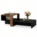 2-Tier Modern Geometric Coffee Table Engineered Wood Low Center Table with Storage Shelf, Waterproof Surface Cross Base Accent Table for Living Room Tea Game Work - Black & Brown - Image 3