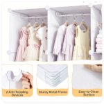 3-Cube White Modular Kids Closet, PP & Metal Storage Organizer with Hanging Rods, Tool-Free Assembly Baby Wardrobe for Clothes Toys Books - Image 7