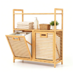 32 Inch Double Compartment Bamboo Laundry Organizer Freestanding Cabinet, Raised Guardrail Top Shelf Rounded Corner Dirty Clothes Bin Separate Light Dark Clothes Storage Natural Finish - Image 2