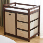 Brown painted pine wood frame children's bed with removable top, 87*53*87.5cm, includes 3 fabric drawers and 1 fabric bag, and a changing table - Image 22