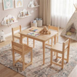 Kids Wooden Table and Chairs Set (1 Table + 4 Chairs), Rubber Wood Toddler Activity Set (Natural - Image 5