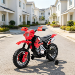 Red 6V Kids Electric Ride On Toy – Motorcycle with Dirt Bike Style, Street Bike Design, Battery Powered, Training Wheels, Headlight, Ages 5-8