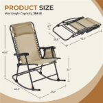 Outdoor Rocking Lounge Chair with Headrest Pillow, Beige - Image 2