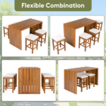 5 Piece Outdoor Bar Set, Patio Acacia Wood Bar Height Table & Four Stools with Cushions, Wood Dining Bar Set for Backyard, Poolside, Balcony, Beige Cushion and Natural Wood - Image 9