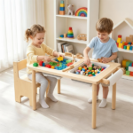 6-in-1 Kids Adjustable Height Sensory Activity Table with Chair, Natural Pine Wood Water Sand Play Table Building Block Art Craft Center for Toddlers 3+ Years Old - Image 8