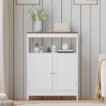 Modern Storage Cabinet with Double Doors, Free-Standing Bathroom Cabinet with Adjustable Shelf and Natural Wood Top, Multi-Purpose Organizer for Kitchen, Living Room, Bathroom or Entryway – White - Image 6