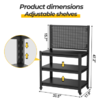 Work Bench with Pegboard,Heavy Duty 3000lbs Capacity Workbench with Wheels Adjustable Shelves,Tool Cart,Work Table for Garage Warehouse47.2"H*33.46"W*18"D - Image 2
