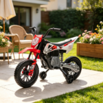 Red 12V Kids Electric Motorcycle – Twist Handle Throttle, Safety Training Wheels, Rear Suspension System, Music Playback - Image 8