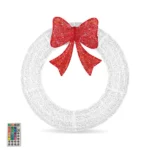 36in Pre-lit Outdoor Christmas Wreath Decoration, Lighted Metal Wreath with Red Bow, Remote Control LED Lights with Timer, for Front Door Gate Wall Indoor Outdoor Holiday Party, White