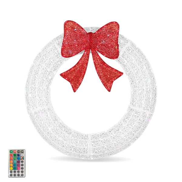 36in Pre-lit Outdoor Christmas Wreath Decoration, Lighted Metal Wreath with Red Bow, Remote Control LED Lights with Timer, for Front Door Gate Wall Indoor Outdoor Holiday Party, White