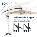 10FT Round Banana Hanging Patio Umbrella with 18 LED Lights, 6 Iron Ribs, Iron Straight & Curved Pole, Waterproof Polyester Canopy, with Stand Sleeve and Cross Base, Khaki - Image 15