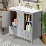 Grey MDF Lacquered Double Door & 2-Drawer Bathroom Vanity Cabinet with Decorative Molding - 91x46x82cm - Image 13
