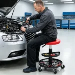 Red Adjustable Rolling Mechanic Stool with 2-Tier Tool Storage Trays, PU Leather Pneumatic Height Adjustable Workshop Seat with 5 Casters Holds 265LBS for Garage Repair - Image 6