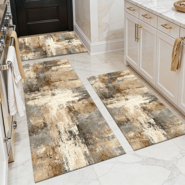 7a4a1918-7e0e-4437-97ea-c92f0be0ccbf.png Three-piece kitchen rug set, non-slip and washable, abstract pattern kitchen hallway rug, soft and comfortable, suitable for sinks, floors, entrances, hallways and bathrooms. - Image 1