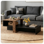 2-Tier Modern Geometric Coffee Table Engineered Wood Low Center Table with Storage Shelf, Waterproof Surface Cross Base Accent Table for Living Room Tea Game Work - Black & Brown - Image 7