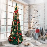 7 FT Fully Decorated Pre-lit Christmas Tree, Pop Up Artificial Xmas Tree with 200 Warm Lights Remote Control and Red & Golden Ornaments for Home Office Store Holiday Deco - Image 10