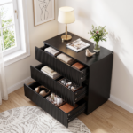 Handleless Grille-Finished 3-Drawer Bedside Table P2 Particleboard + MDF & Melamine Veneer + Thermoformed Drawer Cabinet 23.62*12.99*22.05in Black - Image 15
