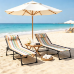 Striped 2 Folding Outdoor Lounge Chairs – for Beach Camping Use, Pillow, Mesh & Bungee Seat - Image 4