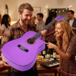Purple 41-inch Dreadnought barrel-shaped cutaway acoustic guitar with pick, strings, capo, gig bag, tuner, wrench tool, and shoulder strap - Image 10