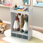 Kids Costume Organizer Costume Rack Kids Armoire Open Hanging Armoire Closet with Mirror-WHITE - Image 6
