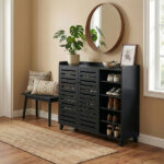 Shoe cabinet with 2 doors, 5 open compartments, and a tabletop with a back panel; made of MDF; 116*35.5*107cm; black - Image 2