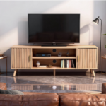 59.05 Inch Low Profile TV Stand - Light Brown Laminate Particle Board Media Console with Double Slatted Doors, Entertainment Center for Living Room & Bedroom - Image 5