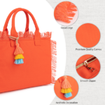 Canvas Tote Bag for Women with Tassel, Shoulder Bag Top Handle handbag with Zipper Closure for Work Travel Beach Gym Shopping-Orange - Image 4