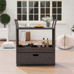 Handwoven PE Rattan Outdoor Bar Cart with Tempered Glass Top & Drawer, 4 Wheels with Brakes Serving Cart for Patio - Image 5