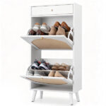 Rattan-front shoe cabinet with 1 drawer and 2 flip-down compartments, particleboard, 54*24*110cm, white - Image 12