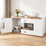 Natural & White Hidden Cat Litter Box Furniture, Elevated Cat Lounge Top Enclosed Cat Washroom Cabinet with Raised Legs for Living Room Bedroom Apartment - Image 11