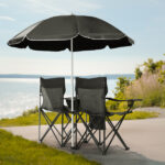 Portable Outdoor 2-Seat Folding Chair with Removable Sun Umbrella Black - Image 2
