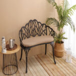 Tulip Patio Garden Bench Metal Park Bench Cast Aluminum Outdoor Furniture with Floral Rose for Patio,Park,Lawn,YardBlack withe cushion - Image 6