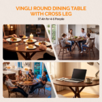 37.4 Inch Round Dining Table for 4-6 People, Cross X Metal Leg Kitchen Dinner Table with Adjustable Foot Pads, Easy Assembly Small Space Dining Room Table, Walnut - Image 3