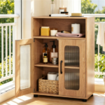 Natural Modern Engineered Wood Bathroom Cabinet with Open Compartment, Anti-Toppling Tall Storage Cabinet with Magnetic Door Catch for Living Room Entryway - Image 6