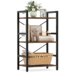 4-Tier Industrial Bookshelf (Rustic Brown+Black), Heavy-Duty Metal Frame & X-Shaped Braces