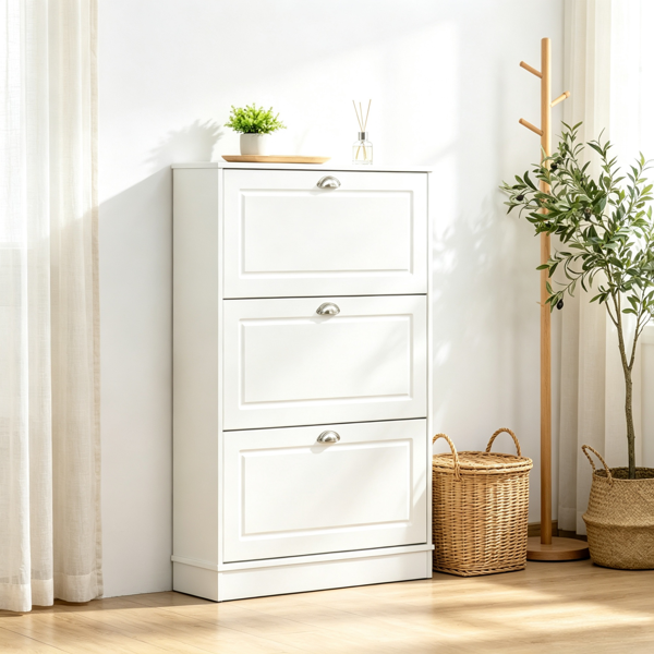 White 3-Flip-Drawer Narrow Shoe Cabinet, 12-Pair Capacity, for Entryway Hallway