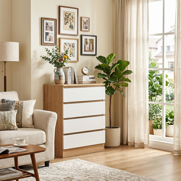 Handle-Free 4-Drawer Storage Cabinet Color-Block Drawer Dresser 23.62*14.96*30.71in Wood-Tone Cabinet Body + White Drawer Fronts