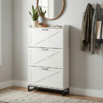 Barn door three-drawer cabinet with top panel; shoe cabinet; particleboard; 80*24*145cm; distressed white - Image 5